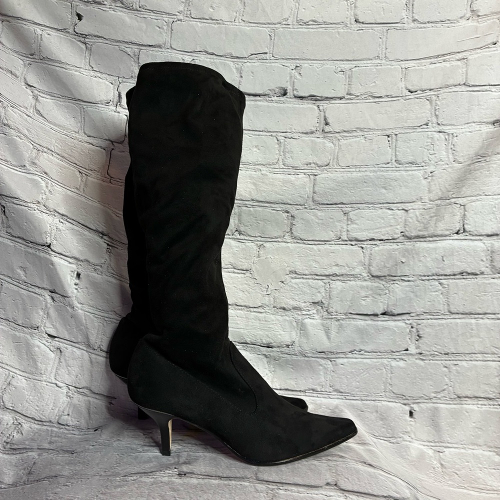 VTG‎ Black Stretch Knee High Kitten Heel Boots Pointed Toe Sz 8.5 Office Siren